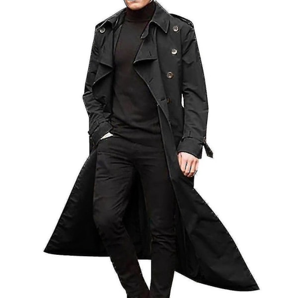 Mænd lang trenchcoat revers overfrakke Casual jakke Almindelig overtøj Toppe black 2XL
