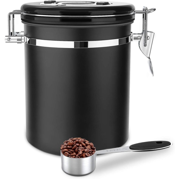 1,5l Kaffebønnebeholder i rustfrit stål Opbevaringsboks til kaffe te kakao korn pasta havregryn Bonus (sort)