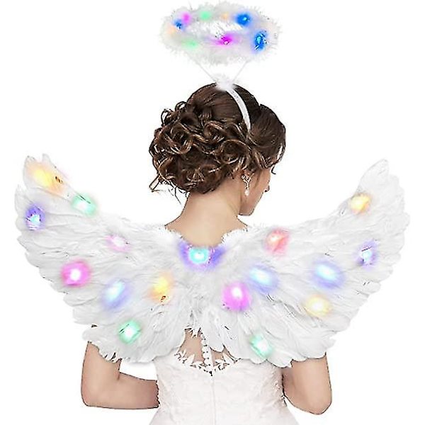 Englevinger, Lysende Englevinger og Halo med LED-lys, Hvide Englevinger Kostume til Voksne Kvinder Børn Halloween Jul