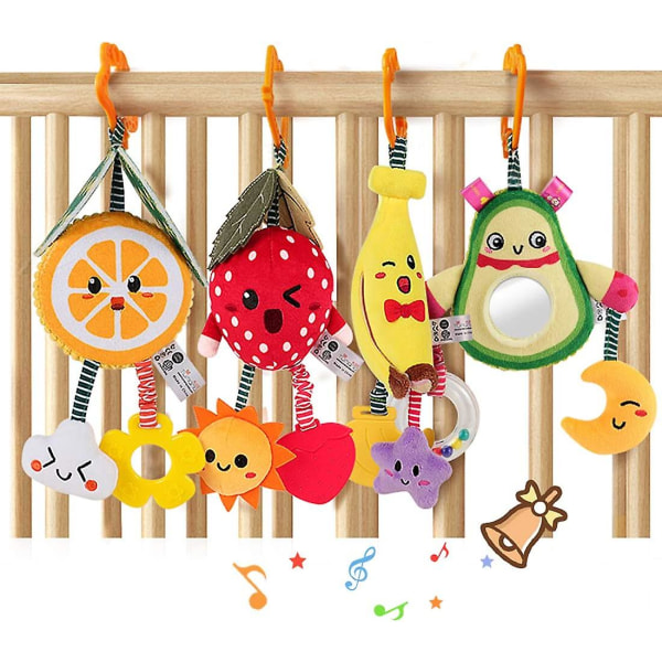 Baby leksaker för 3 6 9 12 månader, hängande frukt skallror avokado, banan, apelsin och jordgubbe, barnvagnsleksaker, mjuka plysch skallror för pojkar, flickor, 4-pack