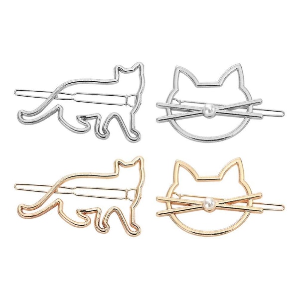 Elegante katteformede hårspenner for kvinner - sett med 4, metall- og perlespenner