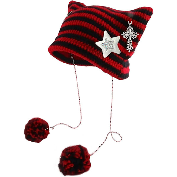 Kattmössa Söt Virkad Kattmössa Med Silverstjärna Hårnål Vintage Accessoarer Handgjord Grunge Stickad Hatt editor one size