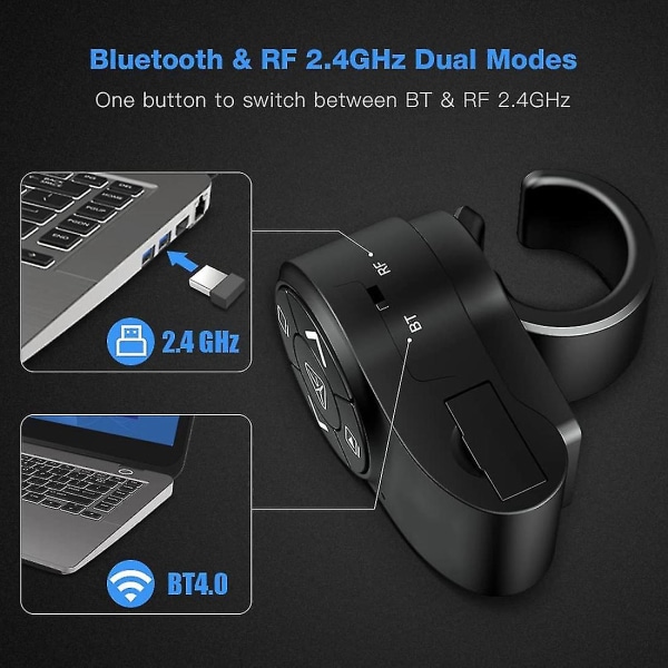 Bluetooth trådløs presentatør, Rf 2,4ghz presentasjonsklikker, fingerringfjernkontroll Powerpoint-lysbilder Black