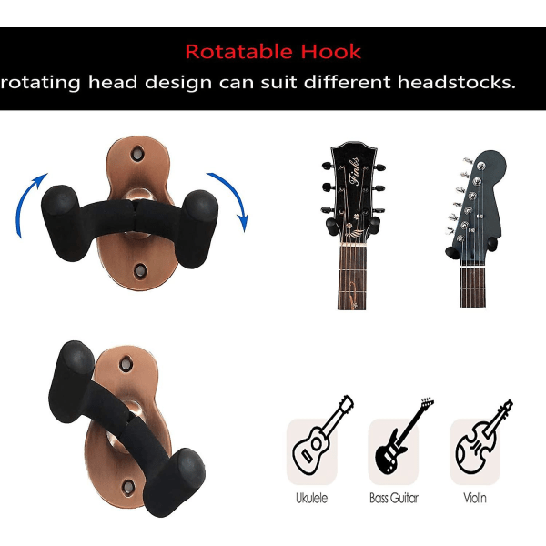 2-pakke metallgitarveggfesteholder, med beskyttende svamp, egnet for alle hodestokker/elektrisk gitar/ukulele/banjo/bass - svart