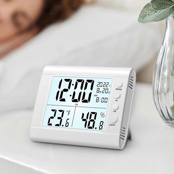 Digitalt Vækkeur Hygrometer Letlæseligt Stort Digitalt Display Husholdningstermometer Multifunktionelt Ur til Stue White