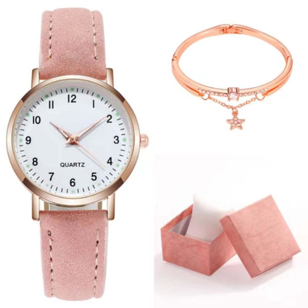 Klassisk Quartz-klokke for kvinner med lysende urskive, frostet lærreim, retro liten rund dameklokke med armbånd og eske Pink