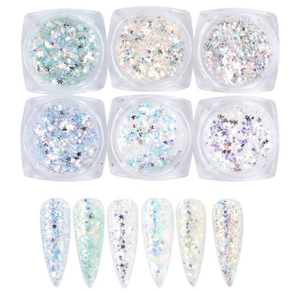Holografiska nail art paljetter Glitter Kit - 6 lådor med 3d metalliska glänsande flingor - Akryl pulver damm paljetter för nagel dekoration - holografisk manisk