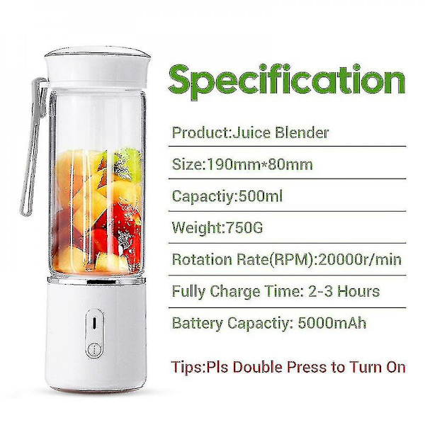 500ml bærbar juicer, elektrisk frugtjuicer glas smoothie maker usb genopladelig blendere mixer til hjem rejse