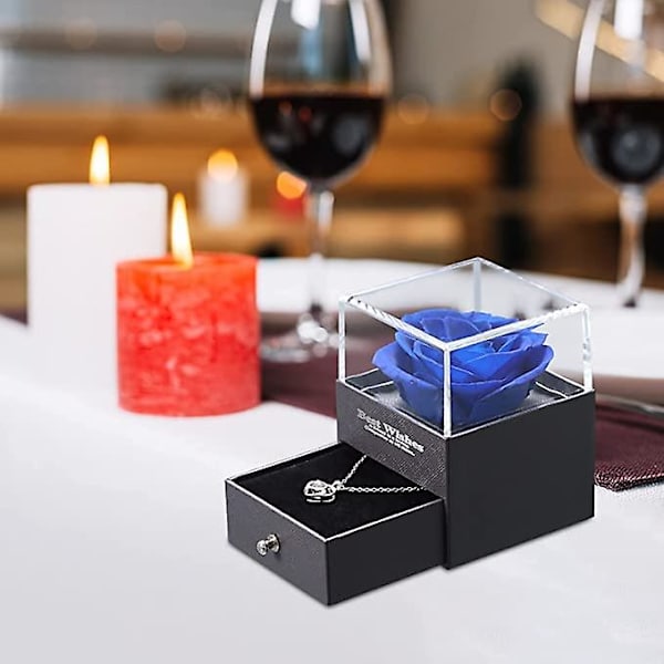 Præserveret Ægte Rose med Hjerte Halskæde Gaveæske, Håndlavet Evig Ægte Rose til Valentinsdag Bryllupsdag Fødselsdagsgaver til Hende Kvinder Blue