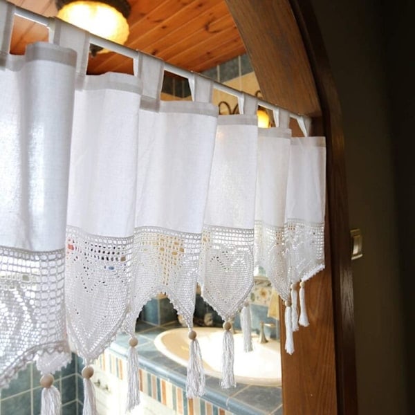Gardinkappa Elegant Bomullsfönster med Pomponer, Ljusfiltrerande, Dekorativ Övre Del för Vardagsrum, Matsal, Café, 1 Panel