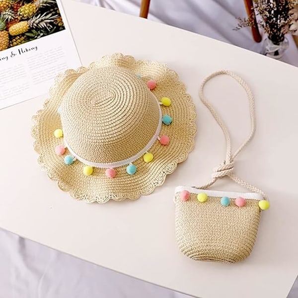 Solhatt og Mini Veskesett for Jenter, Sommer Strand Stråhatt og Mini Veskesett, Blomster Stråhatt for Barn Jenter Ferie Utendørs
