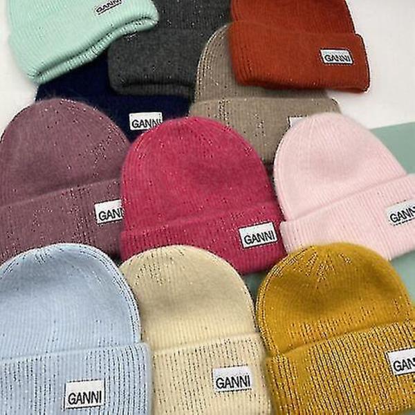Strikket Ganni Vinter Varm Tykk Lue med Oppbrett Strikket Stretch Beanie Hatt for Menn og Kvinner