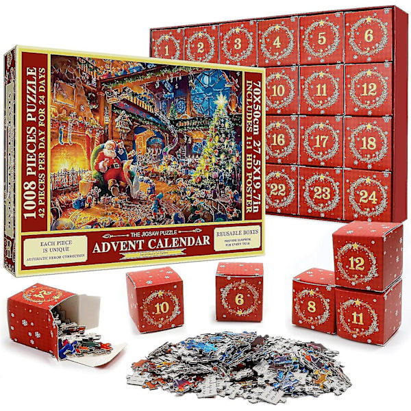 Puzzle julekalender 2023, 1008 puslespilsbrikker 24 dages jule nedtællings julekalendere 1