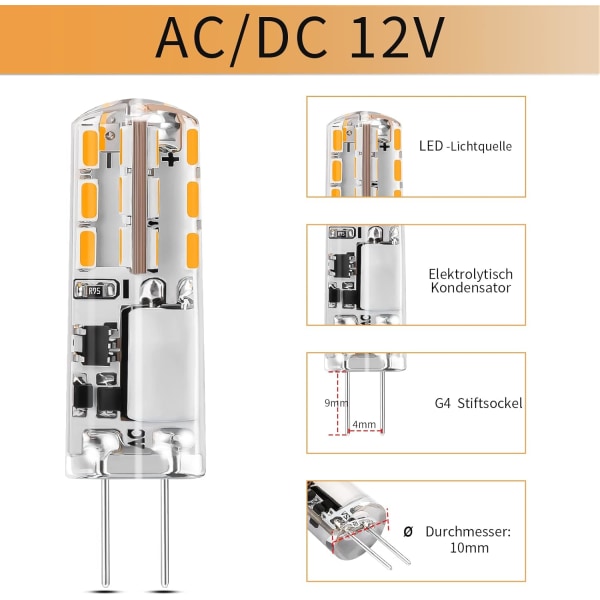 10x G4 LED-lampor 12V AC/DC Varmvit 3000K2W, Ej dimbart ljus