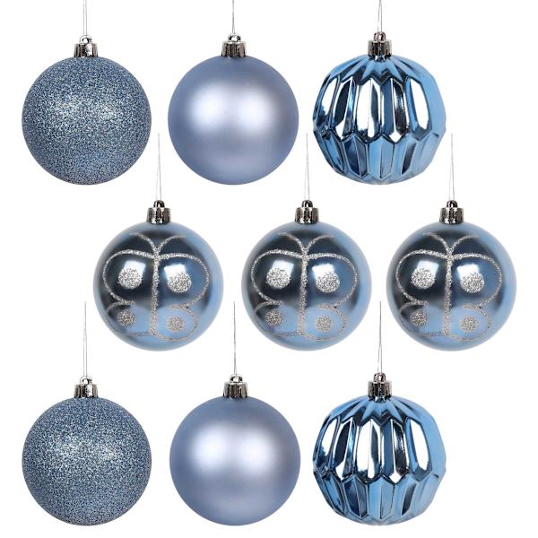 Blå julekuler, plastsett, 8 cm julepynt, 9 stk. Blå