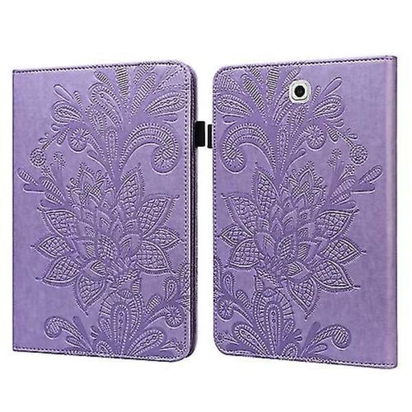 Läderfodral med flik för Samsung Galaxy Tab S2 9.7 T810/t815, horisontellt, med mönster av spetsblommor, stativ, kortfack, plånbok och fotoram Purple