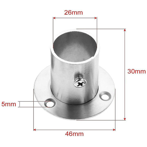 2 delar rostfritt stål runt rörfäste, garderobsstångshållare 25mm