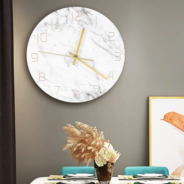 Kvarts Analog Tyst Marmor Väggklocka 3d Chic Vit Print Modern Rund Watch Nordic Crea