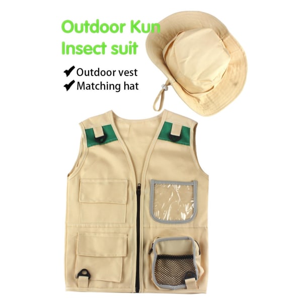 Outdoor Adventure Kit, nuorten lasten khaki kuormaliivi ja hattu mukava ja kestävä tutkimusasu Khaki