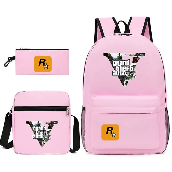 3kpl Gta5 Grand Theft Auto Student Schoolbag Reppu Pieni olkalaukku kynälaukku Pink