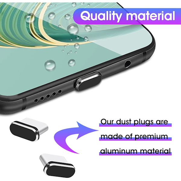 6 stycken C-port dammskydd plugg laddningsport skydd USB C-port skydd C-typ metall dammtät plugg (svart)