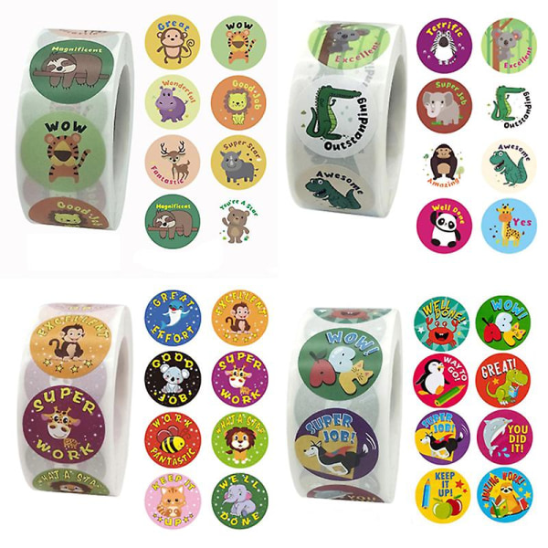 500 stk/rull Cute Animals Reward Stickers Kids Motivational Students Stickers