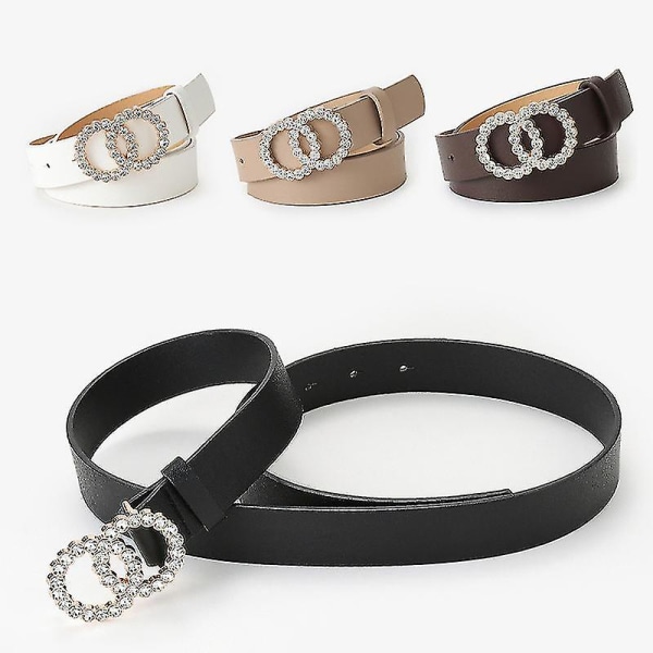 104 cm PU-skinnbelter for kvinner Rhinestone Double Ring Spenne Design Dame Dekorativt belte for bukser Khaki