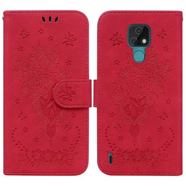 Til Motorola Moto E7 Sommerfugl Rose Præget Læder Telefon Cover Red