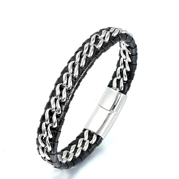 Hantverkarstillverkat armband för pojkar | Äkta svart läder | Magnetisk lås i rostfritt stål i silver | Med titan kedja i guld