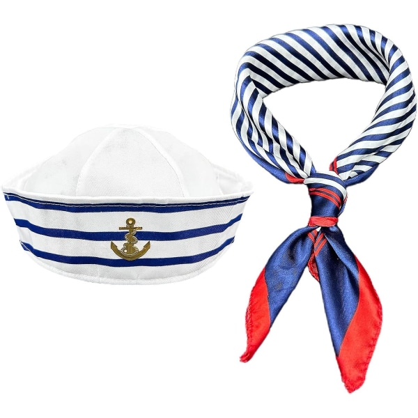 Stripes sjömansmössa och halsduk Set - blå och vit randig sjömanskaptensmössa