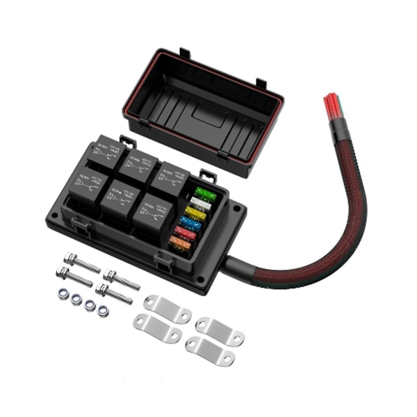 Reläbox 12V med 6 st 4-Pin Reläer och 6 st ATC/Bladsäkringar Förkopplad Reläbox med Reläkit