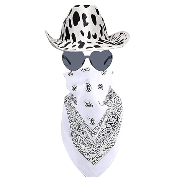 Cowboyhattar Western Cowgirlhatt Bandanaglasögon Unisex cowboyhatt Halloweenkostym Cosplayklänning Festtillbehör Black White Hat*Glasses*Square Towel