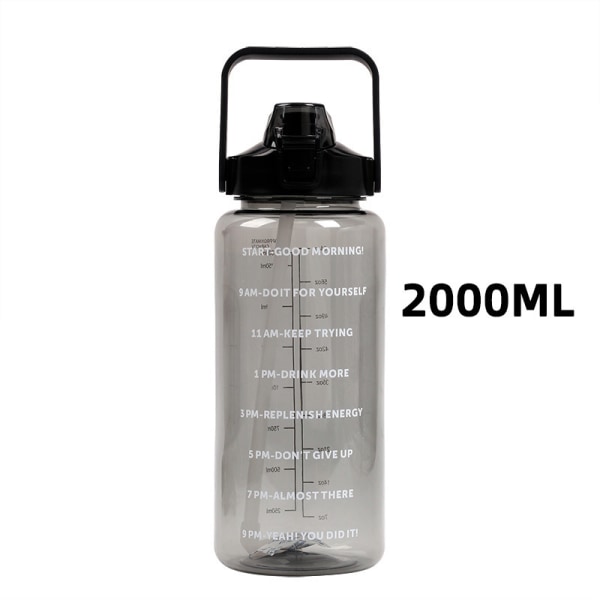 2 litraa vattenflaska med sugrör Stor portabel sportvattenkopp Black 2000ml