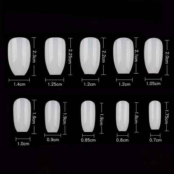 Kort kista Naturliga Akryl Nails Tips - 500st Ballerina Artificiell Falsk Nail Tip Helt cover i 10 storlekar med förvaringslåda
