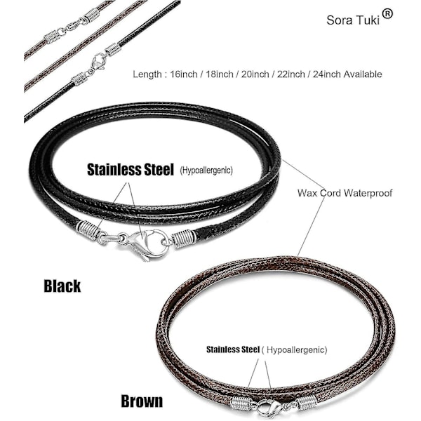 Lærhalskjede med lås, 16-24 tommer flettet taukjede for menn og kvinner 316l rustfritt stålspenne, 2mm svart lærkjede halskjede brunt Black 24 inch