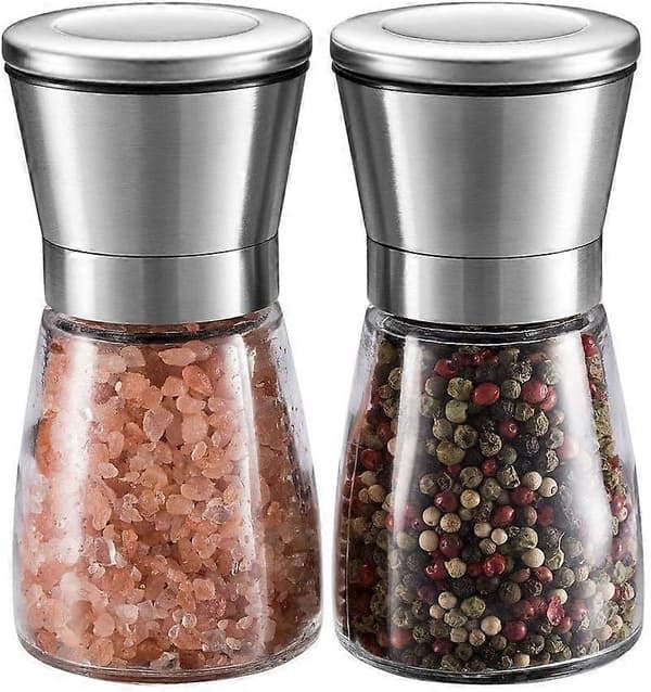 Salt- og peberkværnsæt i premium rustfrit stål salt- og peberkværn med glaskrop og justerbar grovhed
