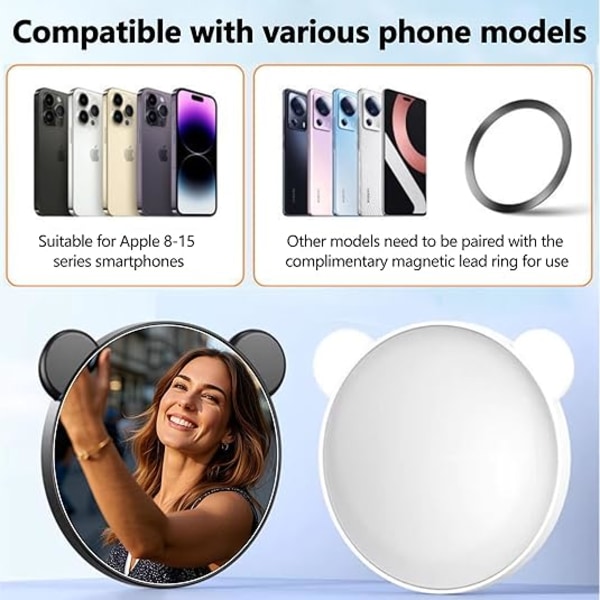 Magnetisk selfie-spejl med bagkamera, egnet til iPhone 16 15 14 13 12 Pro Max Plus, Magsafe-cover og alle smartphones.