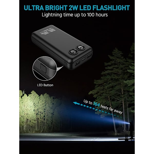 Solar Power Bank 30000mAh Lader: Bærbar Powerbank med 2 USB & LED Lommelykt Utendørs Camping for Telefoner og Nettbrett