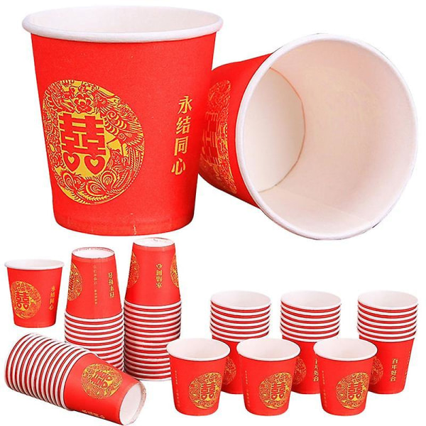 100 kpl juhlallinen hääpaperikuppi Perinteinen kertakäyttöinen paperimukijuhla hääjuhla Pieni paperimuki Punainen Double Happiness Cup