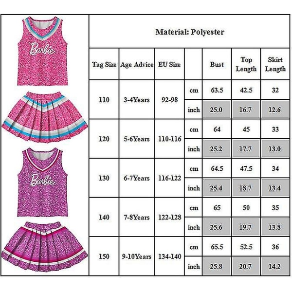 3–10-vuotiaat halloween-vuotiaat lapset tytöt Barbie-cheerleader-cosplay-asut topit laskostettu hame yhtenäinen set lahjat Purple 9-10 Years