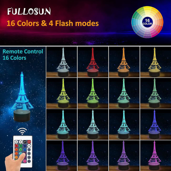 Eiffeltårnet Natlys 3d Illusionslampe Visuel soveværelsesdekoration Led-lampe med fjernbetjening 16 skiftende farver Paris Fashion Style Akrylgaver