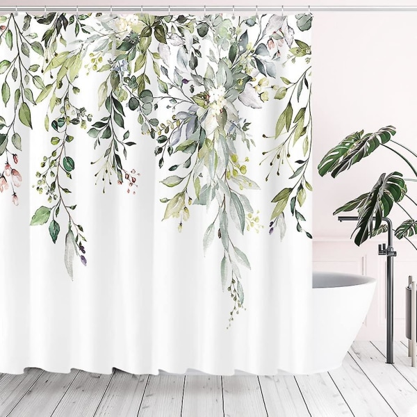 Grønne Eucalyptus-bruseforhængssæt Akvarelblade på toppen Plante blomsterbadeværelsesindretning 71x71 tommer