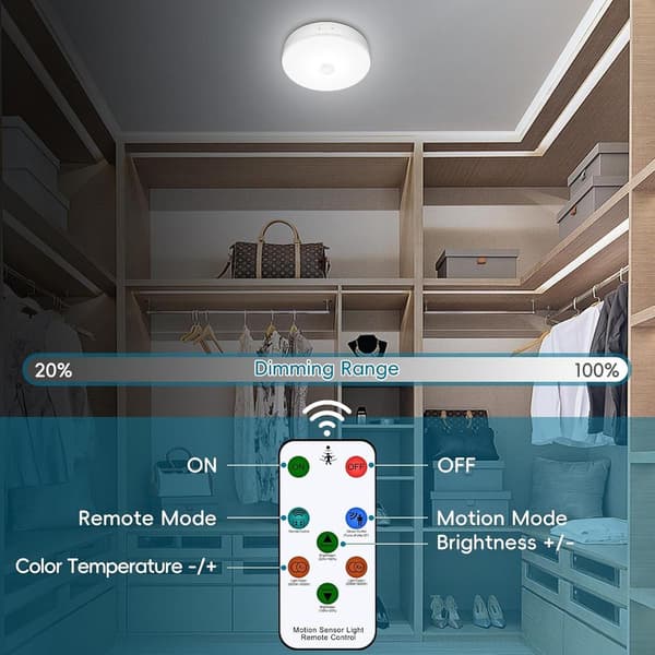 Rechargeable Ceiling Light with Motion Sensor and Remote Control, 7.4 inch, Wireless Ceiling Lamp, Battery Operated Cabinet Light, Motion Sensor, Battery Operated Lamp