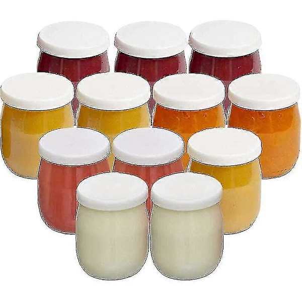 Set med 12 glasburkar för yoghurt med läckagesäkra lock, tillverkade i Frankrike för yoghurtmaskiner, multikokare och matberedare (Thermomix, Seb, etc.) 143 ml / 1