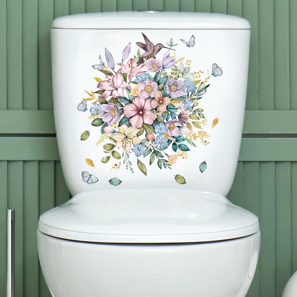 1 sæt toiletklistermærke Blomstermønster vægmærkat Aftageligt selvklæbende toiletlåg klistermærke til hjemmebadeværelse