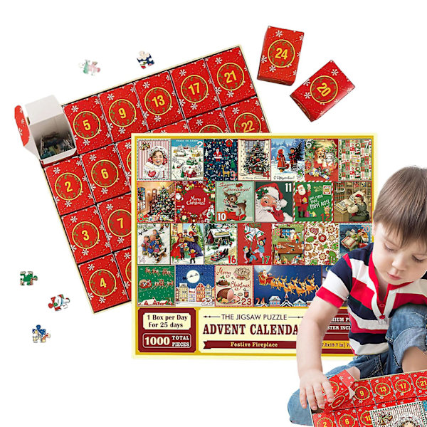 Adventskalender Puslespill 2024 - Juletelling Puslespill Adventskalender - 24 Dagers Juletelling Puslespillsett 1000 Brikker DIY Retro Puslespill Jul