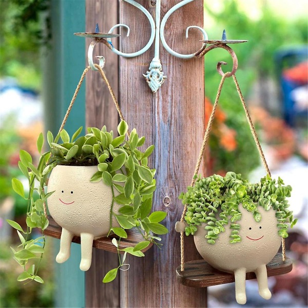 Swing Face Planter Pots, søte veggmonterte blomsterpotter i harpiks for innendørs og utendørs, sukkulent