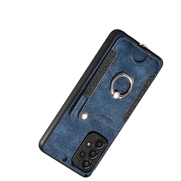 Lærfutteral for iPhone 11 med 360 Stativ & Magnetisk Kortholder - Blå TPU Bakside [JUN]