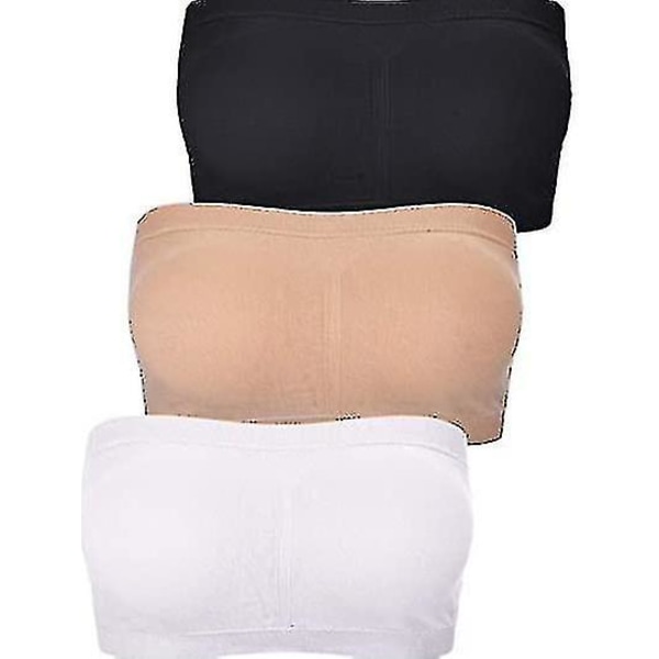 3 stycken Bandeau-bh för kvinnor Vadderad axelbandslös brarett Mjuk bh Sömlös bandeau-topp-bh, olika storlekar (svart, vit och nude färg