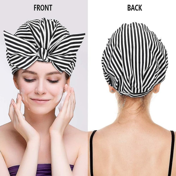 Lyxig cap för kvinnor, vattentäta badmössor med bowknot, återanvändbar duschpresent Black and White Stripe
